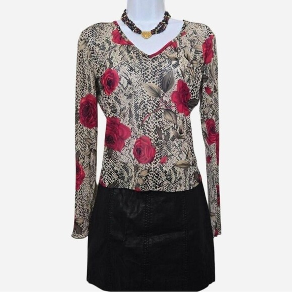 Express Vintage Y2K Roses Mesh Euro goth long sleeve top - Picture 2 of 8